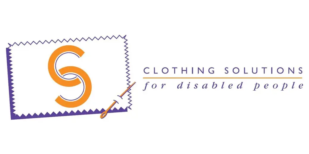 Logo with interlocking orange C's making an S on a white fabric patch with an orange needle and Clothing Solutions written beside it with for disabled people beneath